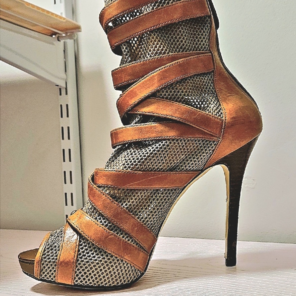 G by Guess Strappy Mesh Ankle Booties - Brown and Black